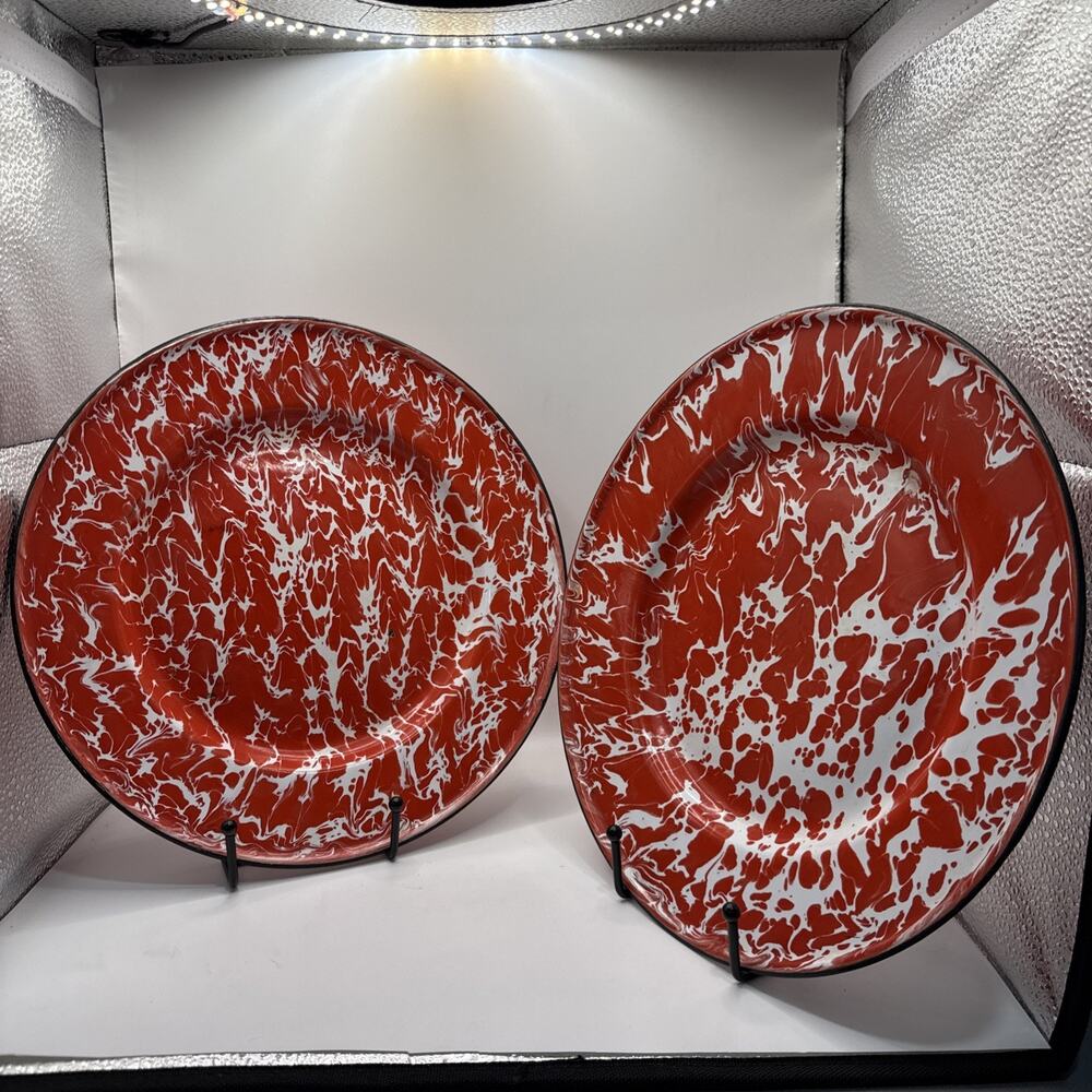 CGS International 2 Red Enamelware 10" Rimmed Pasta Soup Bowls Marble Spatter